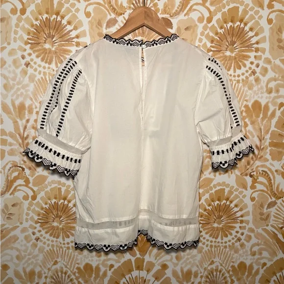 Topshop White Peasant Blouse with Black Embroidery Size 10 - Picture 6 of 7